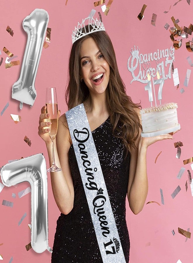YeohJoy زينة حفلة ملكة الرقص الفضية رقم 17 مع وشاح وتاج ملكة الرقص رقم 17، وزينة كعكة وشموع، وبالونات فضية تحمل الرقم 17، أفكار هدايا لفتاة تبلغ من العمر 17 عامًا - Image 2